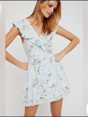 Free People French Quarter Wrap Dress XS Blue Floral Ruffle Mini High Low Boho